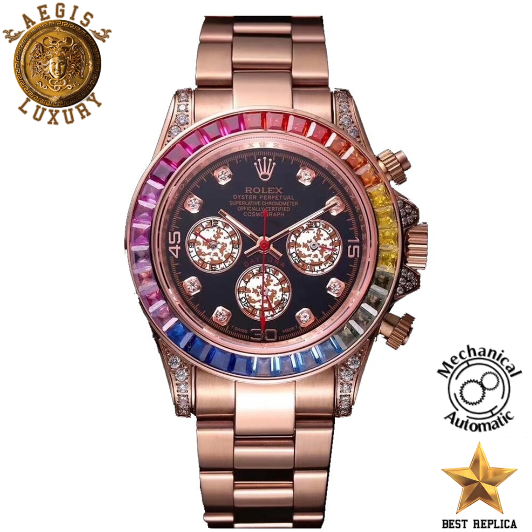 replica-rolex-daytona-cosmograph-rainbow-crystals-bezel-rose-gold-strap-black-dial-aegis-fashion
