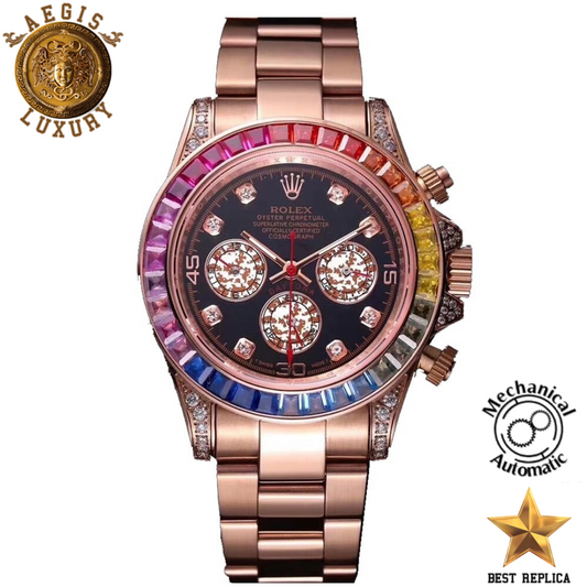 replica-rolex-daytona-cosmograph-rainbow-crystals-bezel-rose-gold-strap-black-dial-aegis-fashion