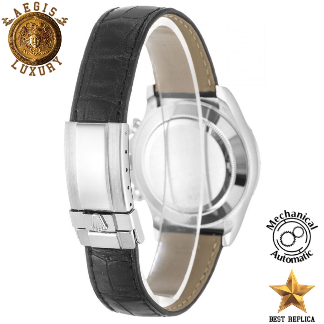replica-rolex-cosmograph-white-gold-set-with-diamonds-case-black-and-diamond-dial-black-leather-strap-aegis-fashion