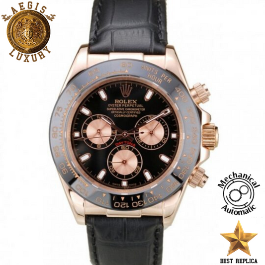 replica-rolex-daytona-rose-gold-case-black-dial-black-leather-strap-aegis-fashion