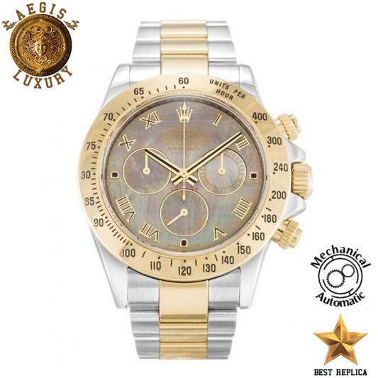 replica-rolex-daytona-yellow-gold-bezel-mother-of-pearl-black-roman-numeral-dial-stainless-steel-yellow-gold-silver-bracelet-aegis-fashion