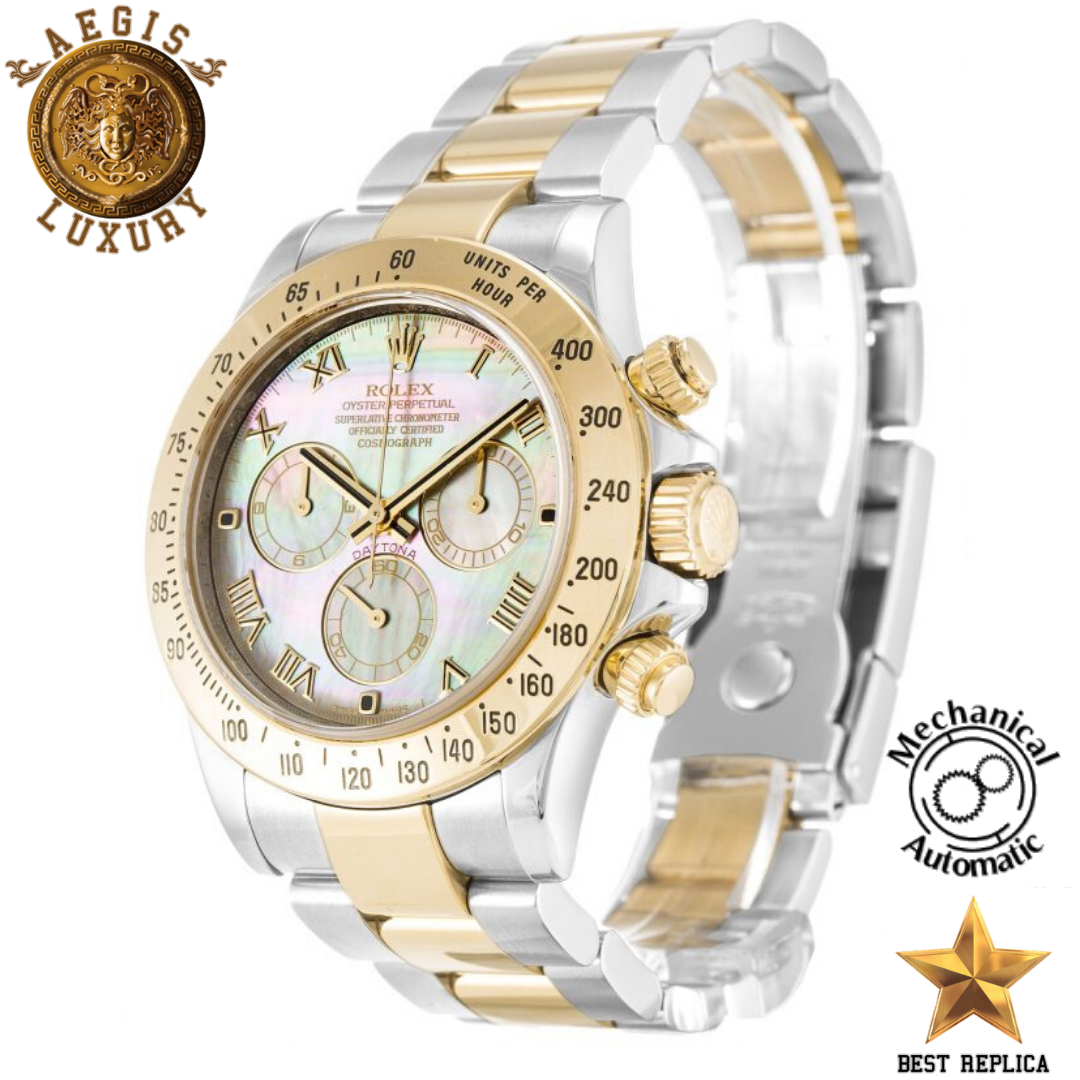 replica-rolex-daytona-yellow-gold-bezel-mother-of-pearl-black-roman-numeral-dial-stainless-steel-yellow-gold-silver-bracelet-aegis-fashion