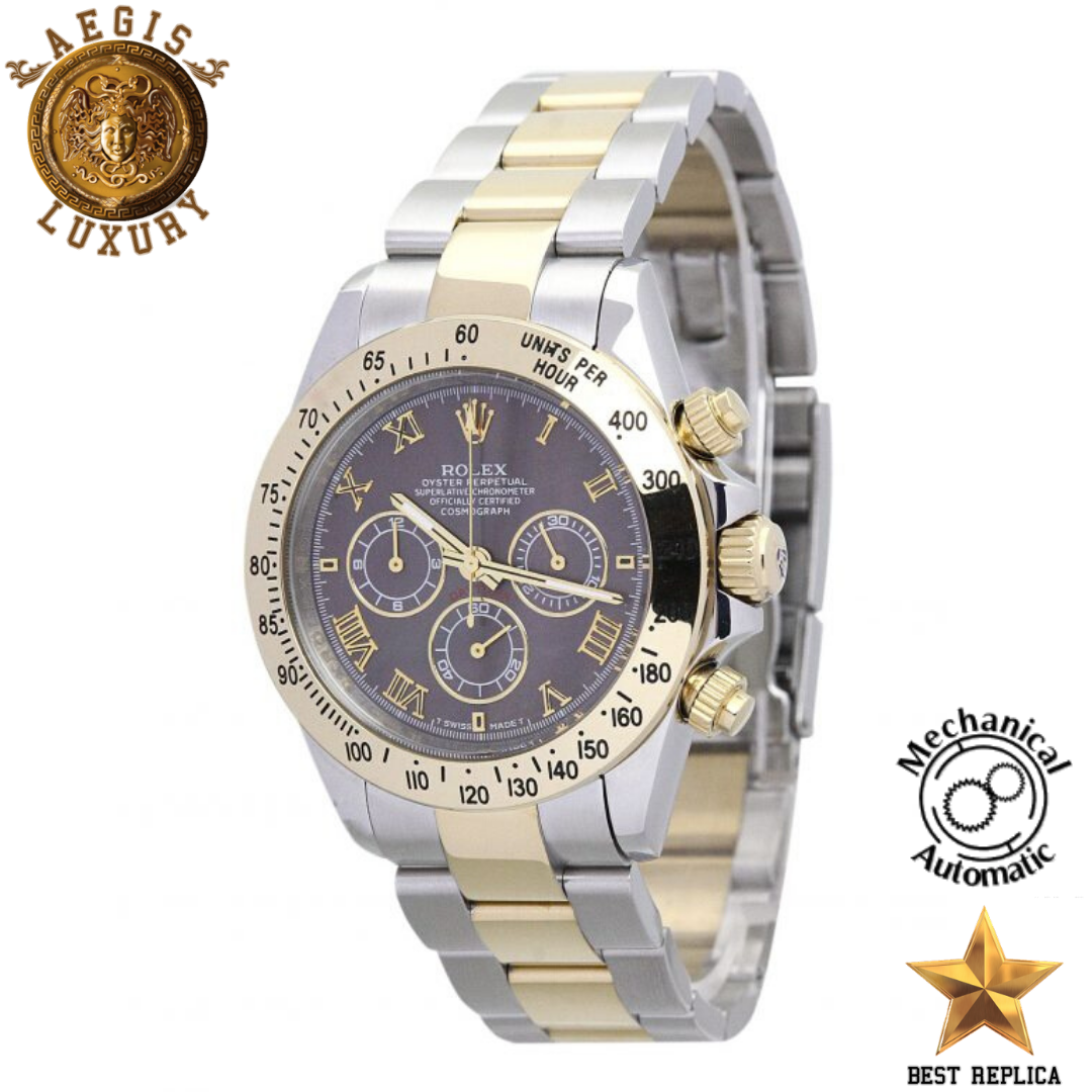 replica-rolex-daytona-yellow-gold-bezel-dark-brown-dial-two-tone-silver-and-gold-yellow-stainless-steel-bracelet-aegis-fashion