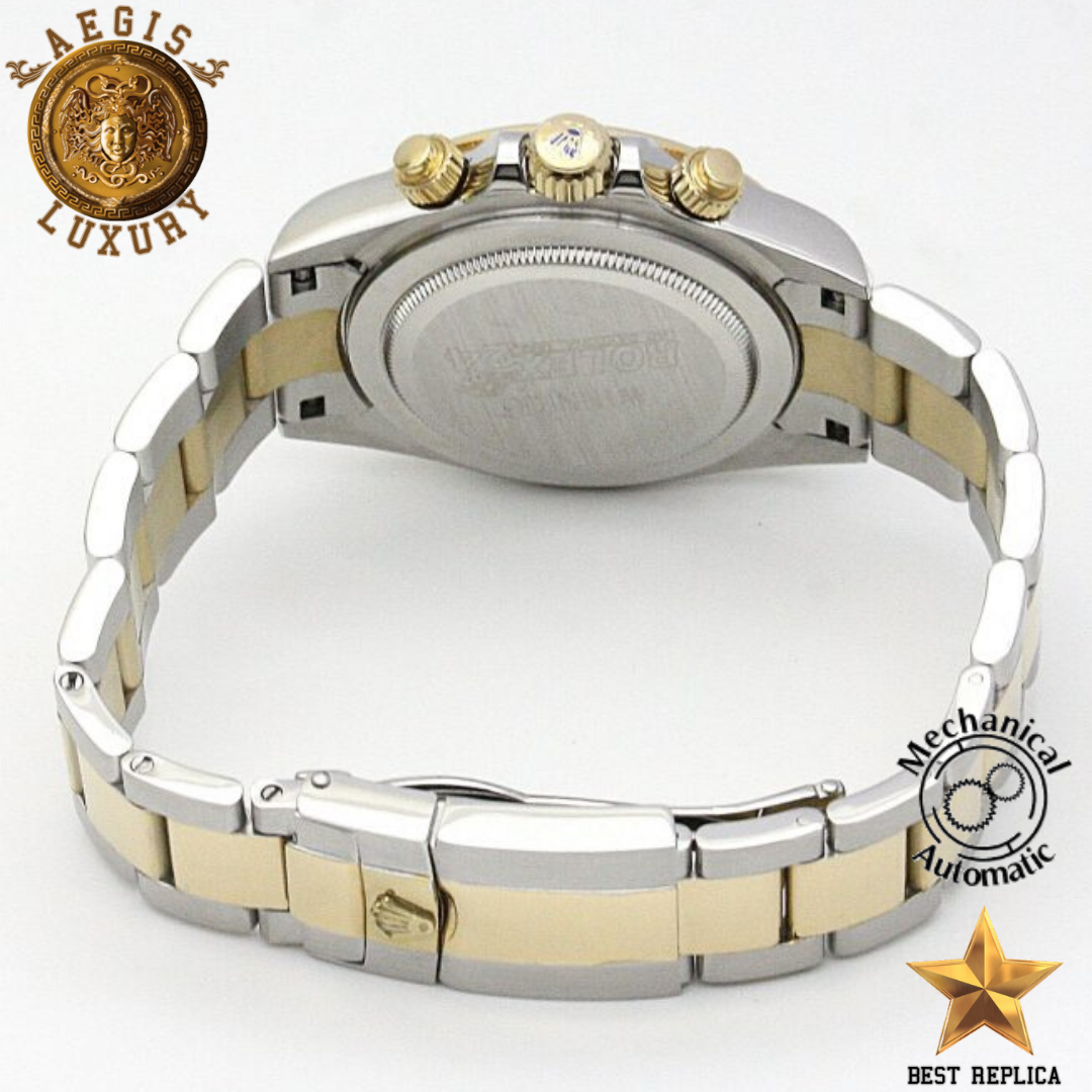 replica-rolex-daytona-yellow-gold-bezel-dark-brown-dial-two-tone-silver-and-gold-yellow-stainless-steel-bracelet-aegis-fashion