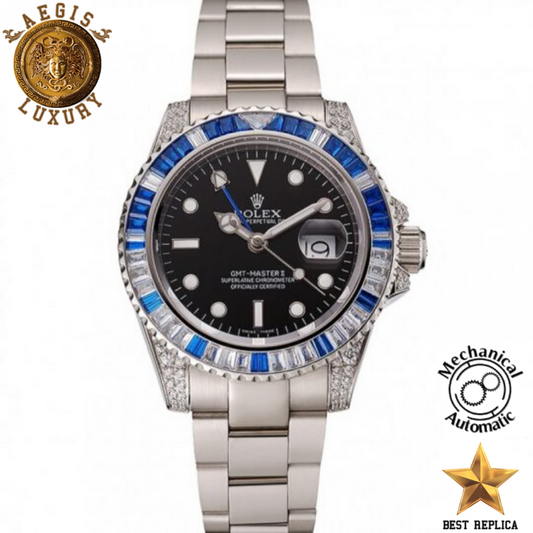 replica-rolex-gmt-master-ii-black-dial-stone-set-bezel-stainless-steel-case-and-strap-aegis-fashion