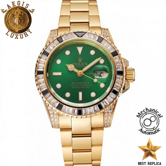 replica-rolex-gmt-master-ii-green-dial-stone-set-bezel-gold-case-and-strap-aegis-fashion