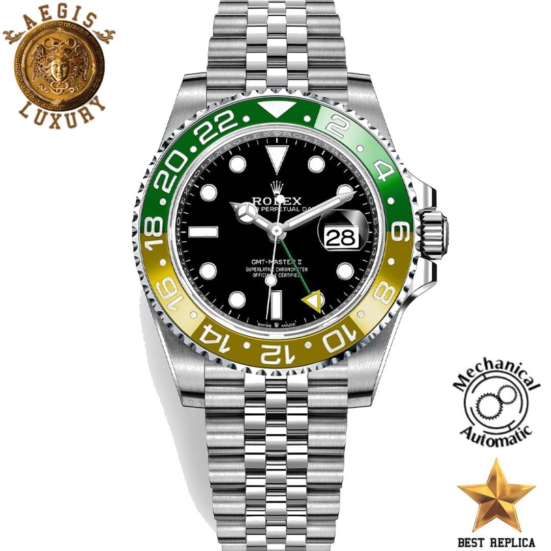 replica-rolex-gmt-master-ii-sprite-black-dial-sprite-bezel-silver-steel-case-and-strap-aegis-fashion