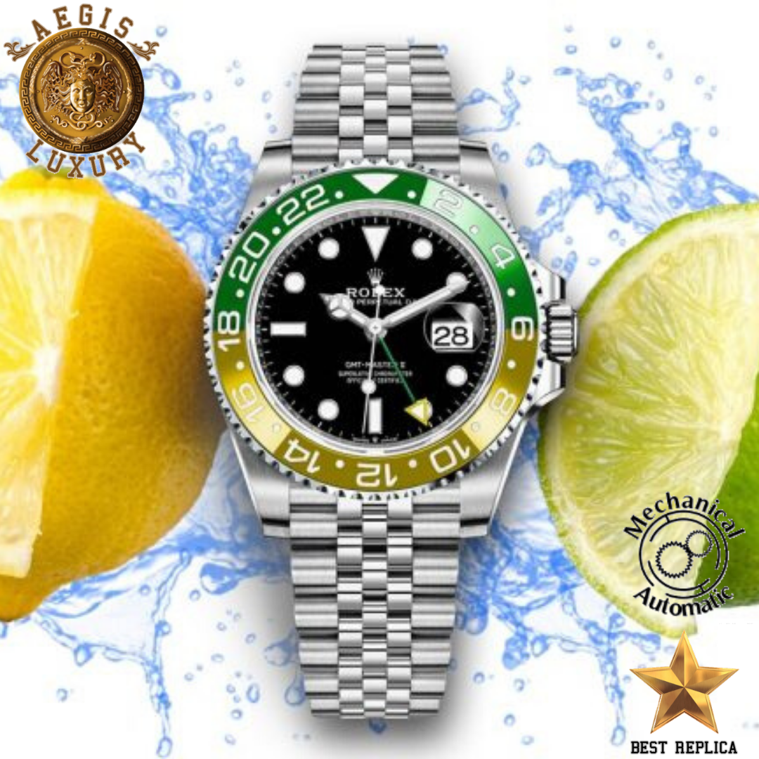 replica-rolex-gmt-master-ii-sprite-black-dial-sprite-bezel-silver-steel-case-and-strap-aegis-fashion