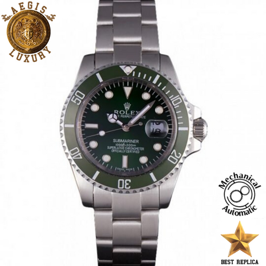 replica-rolex-oyster-perpetual-submariner-dark-green-dial-black-case-silver-bracelet-swiss-eta-ageis-fashion