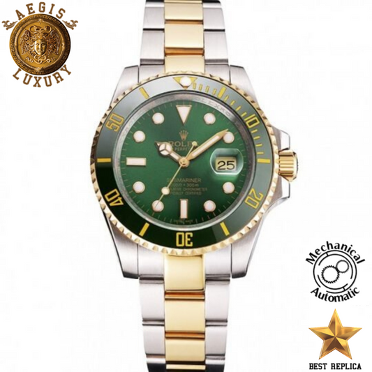 replica-rolex-oyster-perpetual-submariner-green-dial-black-case-silver-gold-bracelet-swiss-eta-aegis-fashion