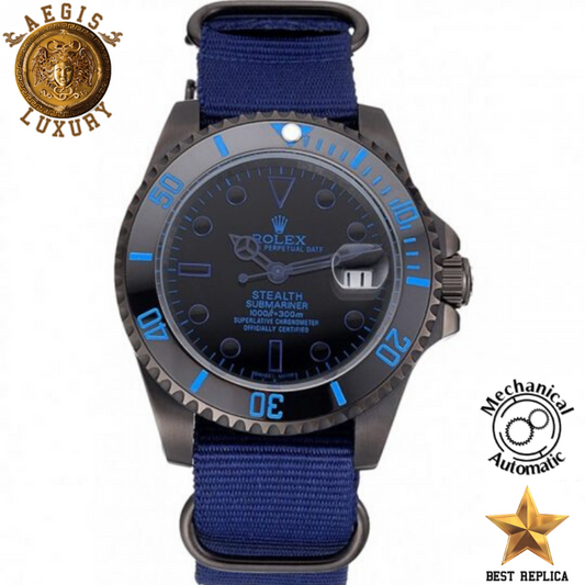 replica-rolex-oyster-perpetual-submariner-stealth-black-dial-black-case-blue-bracelet-aegis-fashion