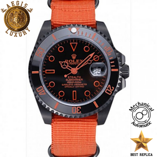 replica-rolex-oyster-perpetual-submariner-stealth-orange-strap-aegis-fashion