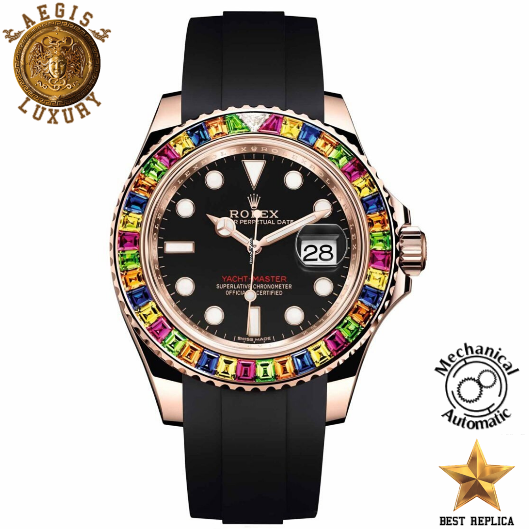 replica-rolex-yacht-master-rose-gold-rainbow-gem-set-bezel-rubber-strap-aegis-fashion