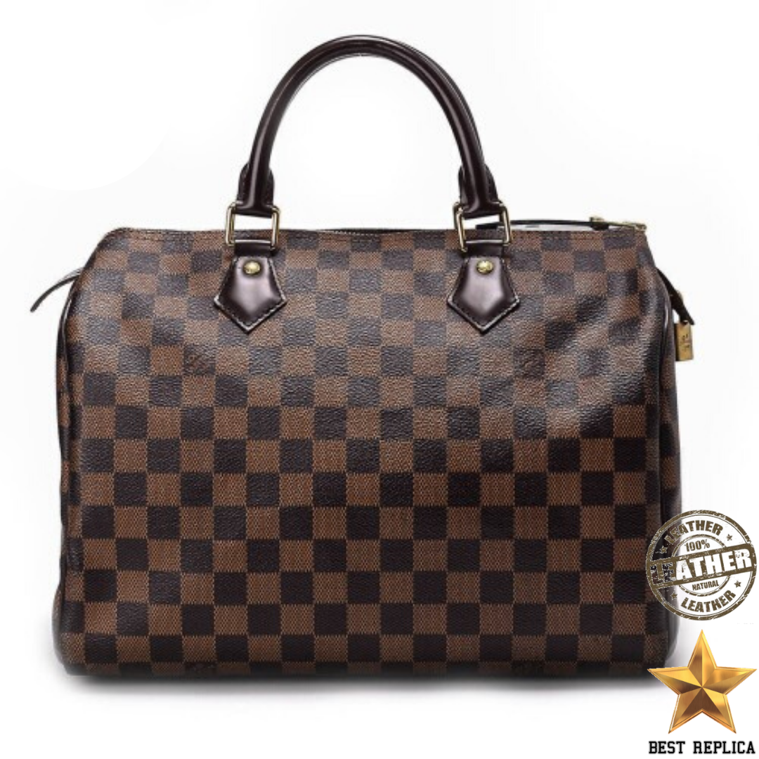 replica Louis Vuitton logo and brass hardware detail on Speedy 30 Damier Ebene