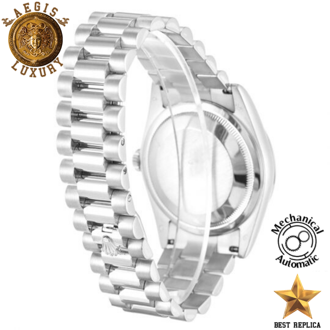 replica rolex day date ii diamond silver baton dial premium luxury watch angle view