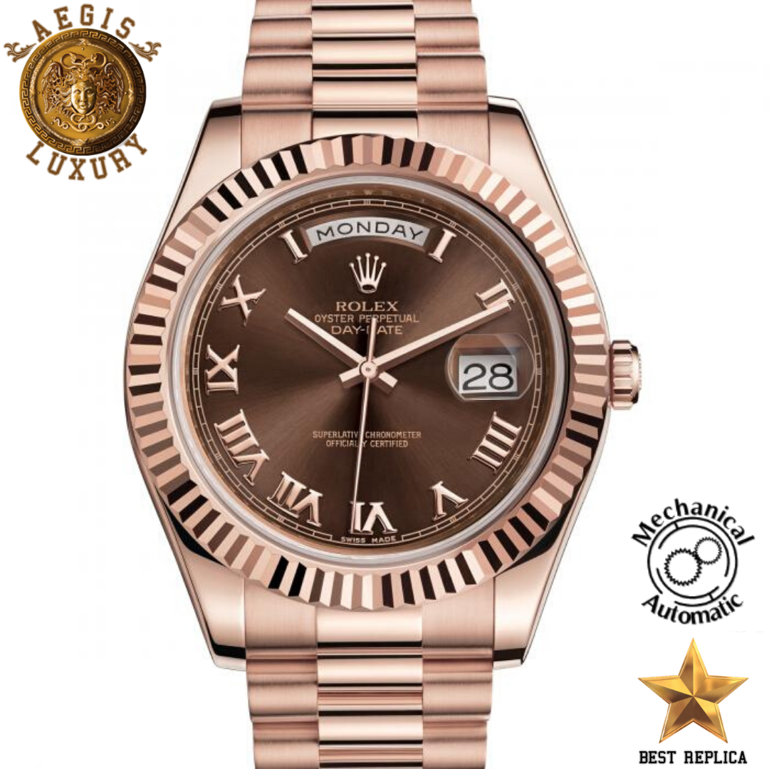 replica rolex day date ii gold rose dial premium luxury watch angle view