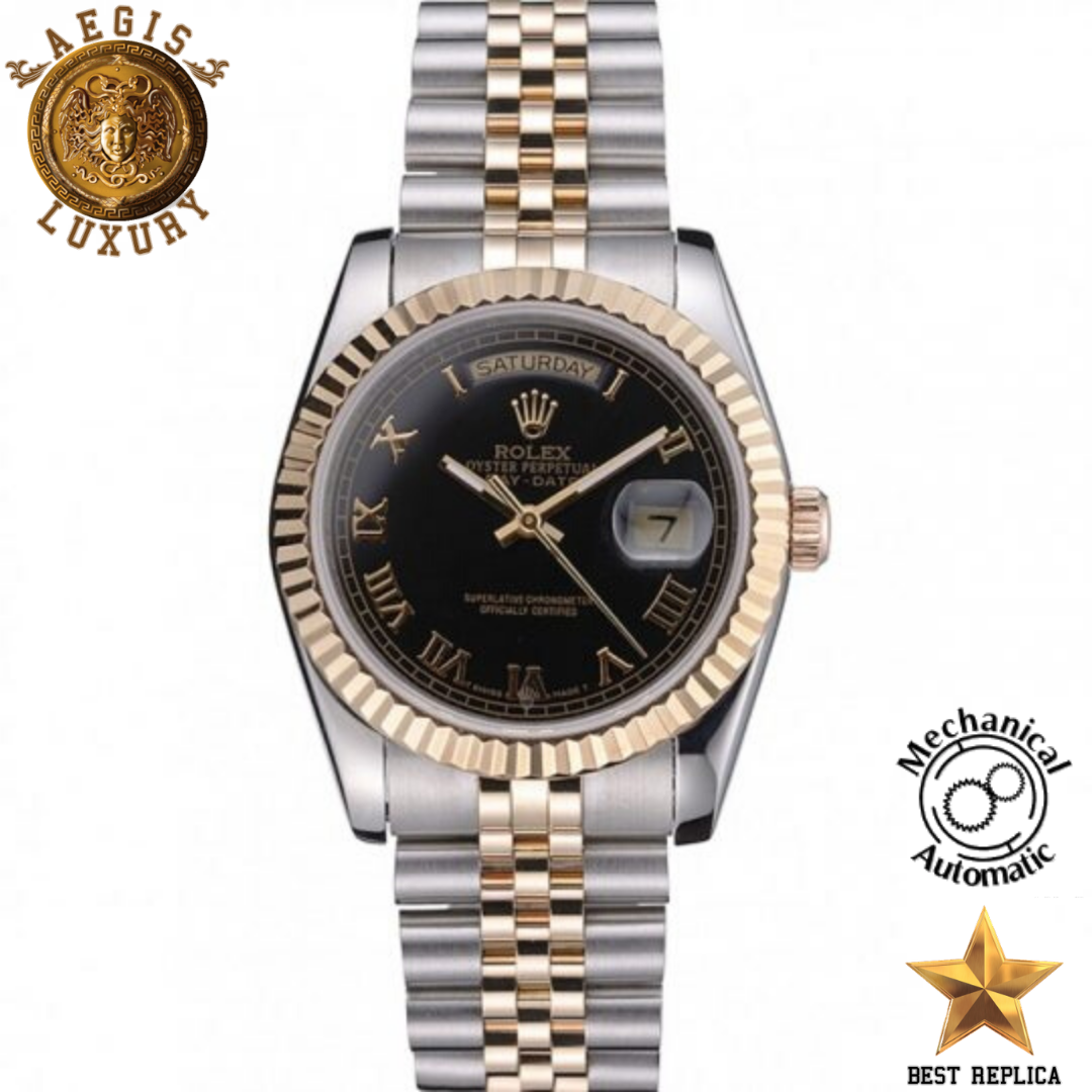 replica rolex day date yellow gold bezel black dial two tone luxury watch front view