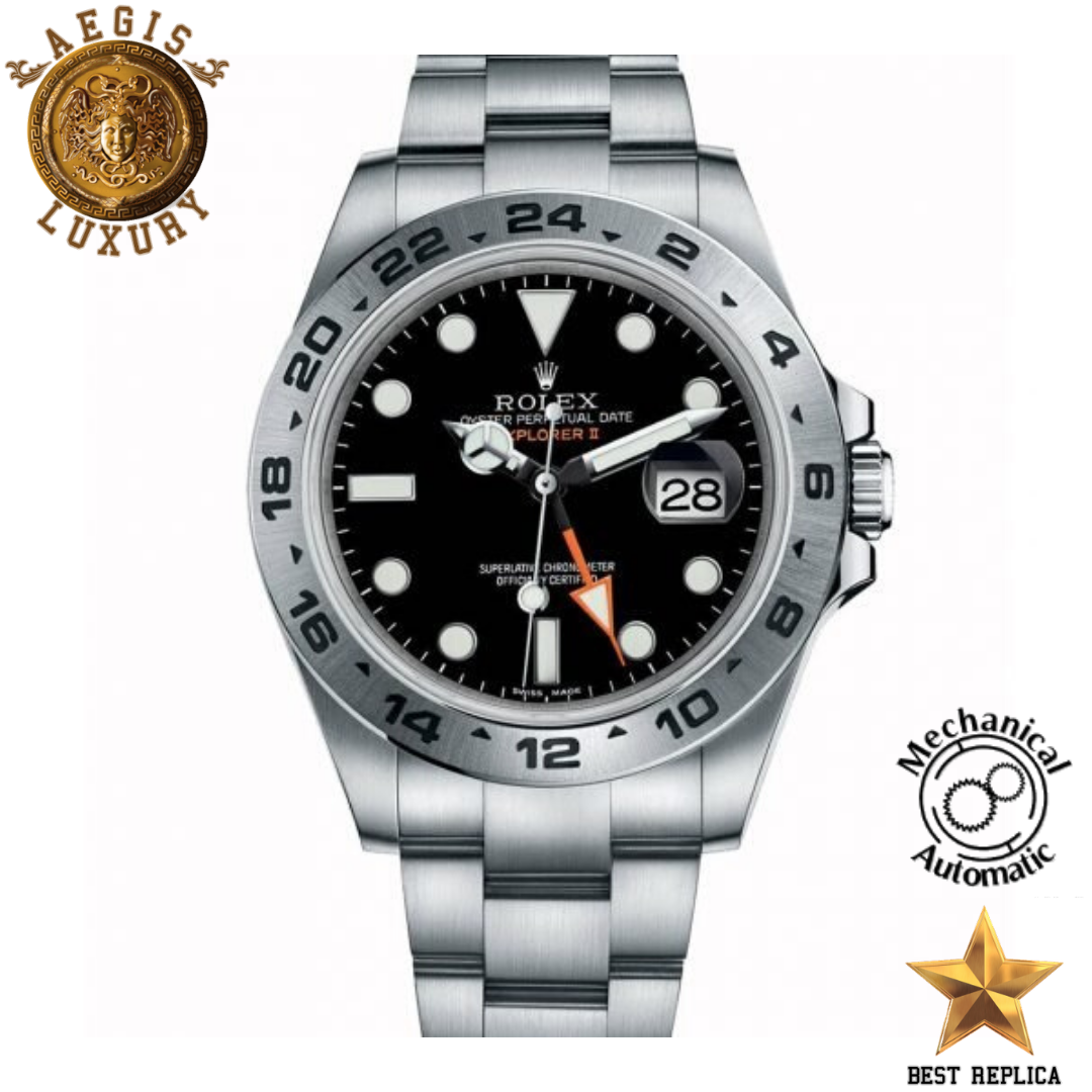 replica rolex explorer ii black dial silver stainless steel luxury watch front view