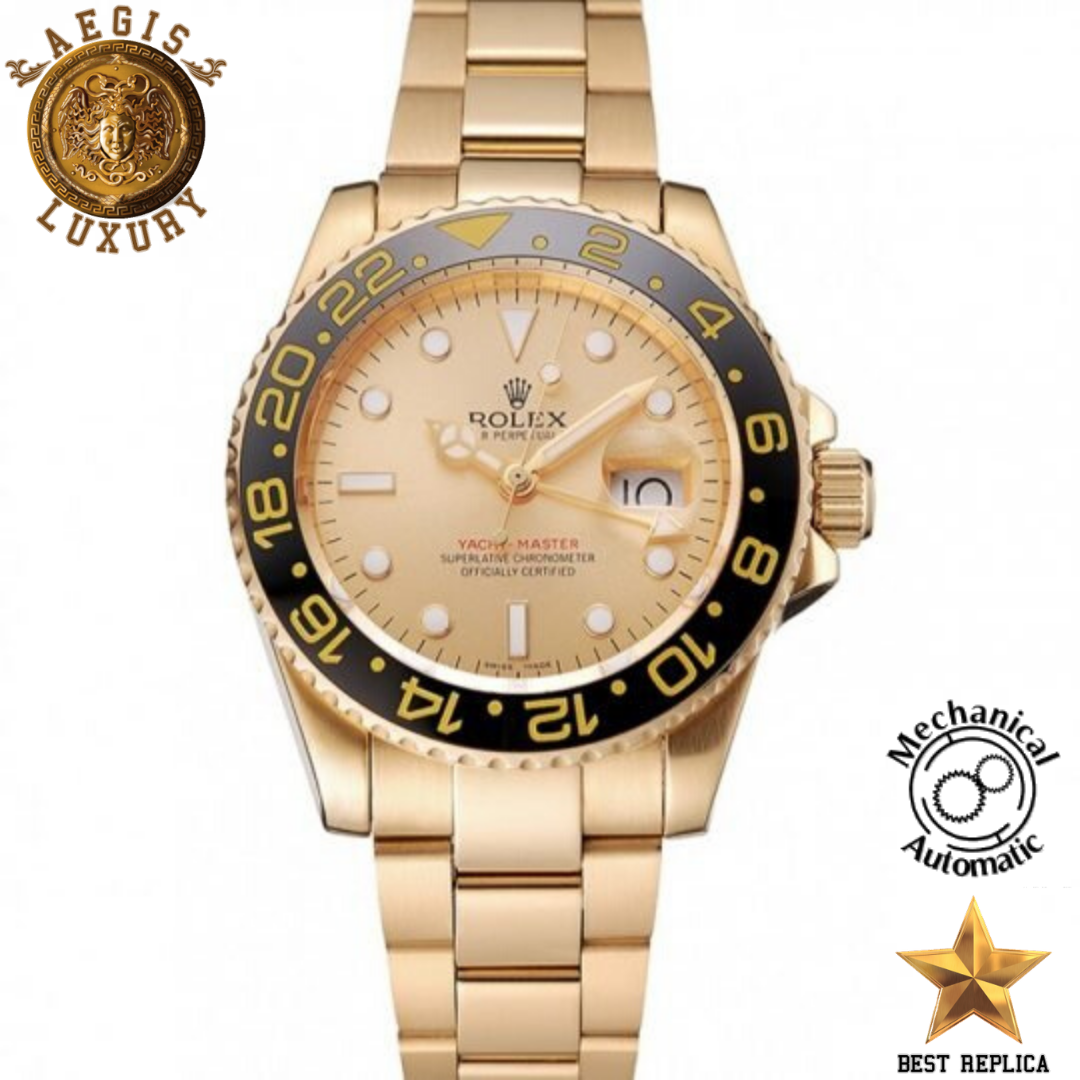 replica rolex gmt master ii gold dial black bezel gold case strap watch buvola