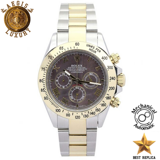 replica-rolex-daytona-yellow-gold-bezel-dark-brown-dial-two-tone-silver-and-gold-yellow-stainless-steel-bracelet-aegis-fashion