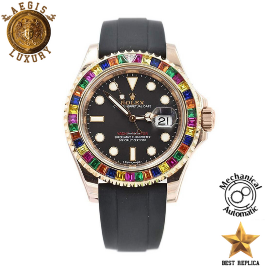 replica-rolex-yacht-master-rose-gold-rainbow-gem-set-bezel-rubber-strap-aegis-fashion