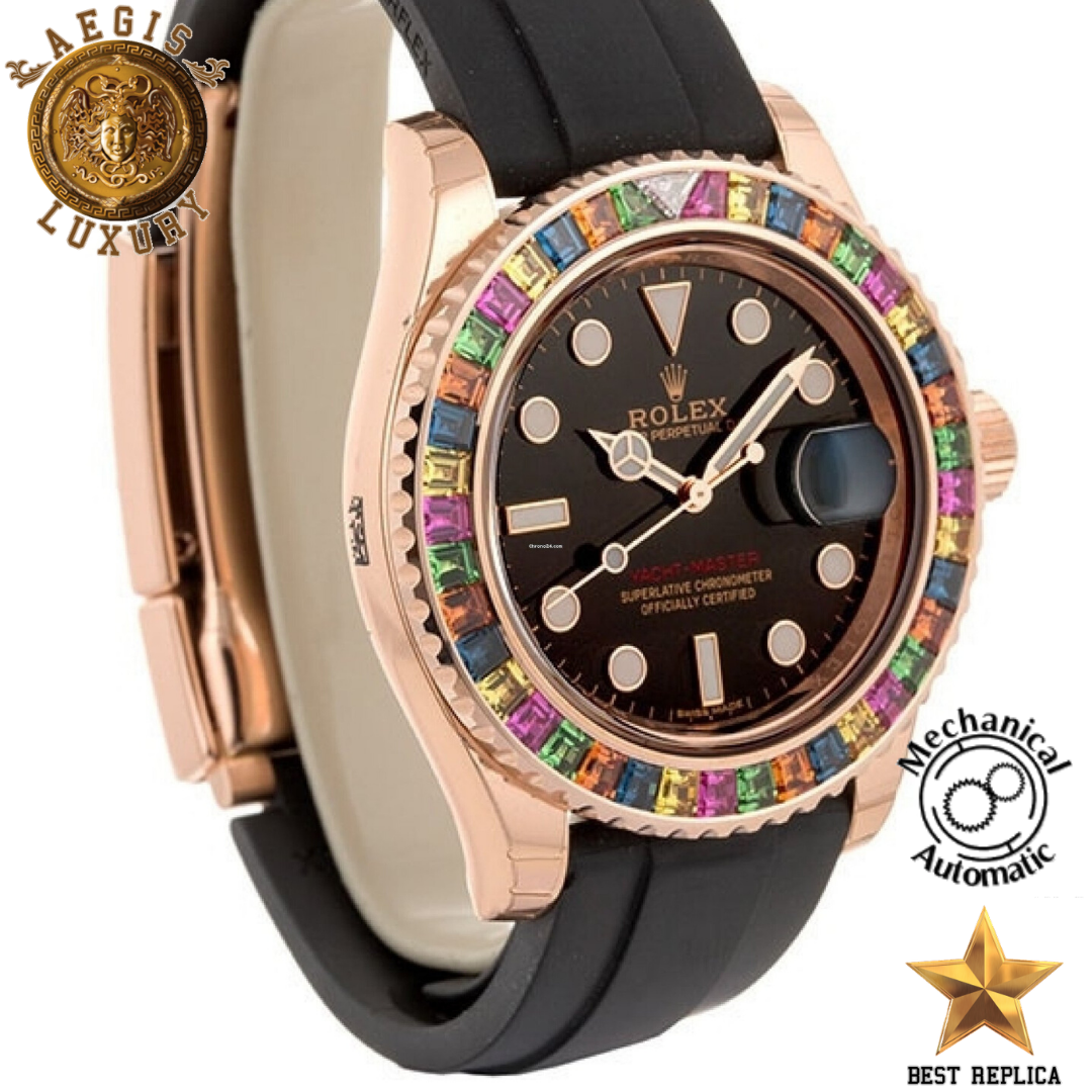 replica-rolex-yacht-master-rose-gold-rainbow-gem-set-bezel-rubber-strap-aegis-fashion