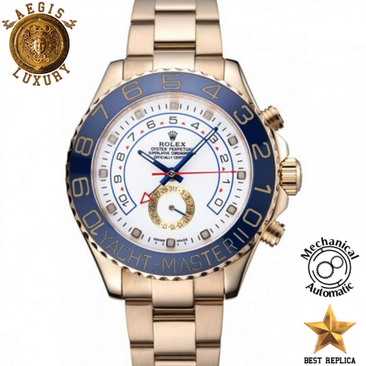 replica-rolex-yachtmaster-ii-white-dial-blue-ceramic-bezel-gold-bracelet-aegis-fashion