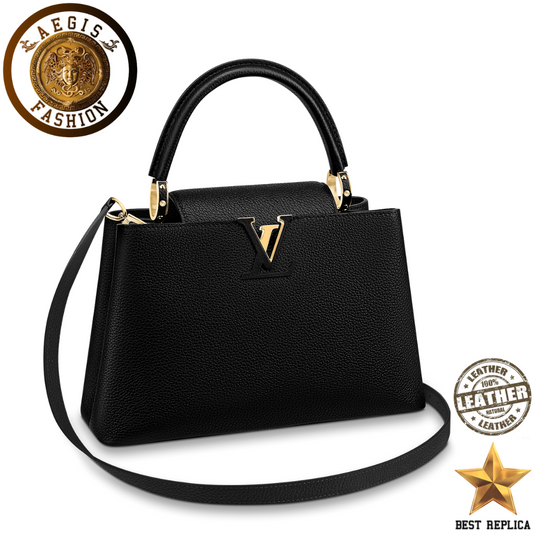 replica louis vuitton capucines mm taurillon black leather luxury designer handbag buvola