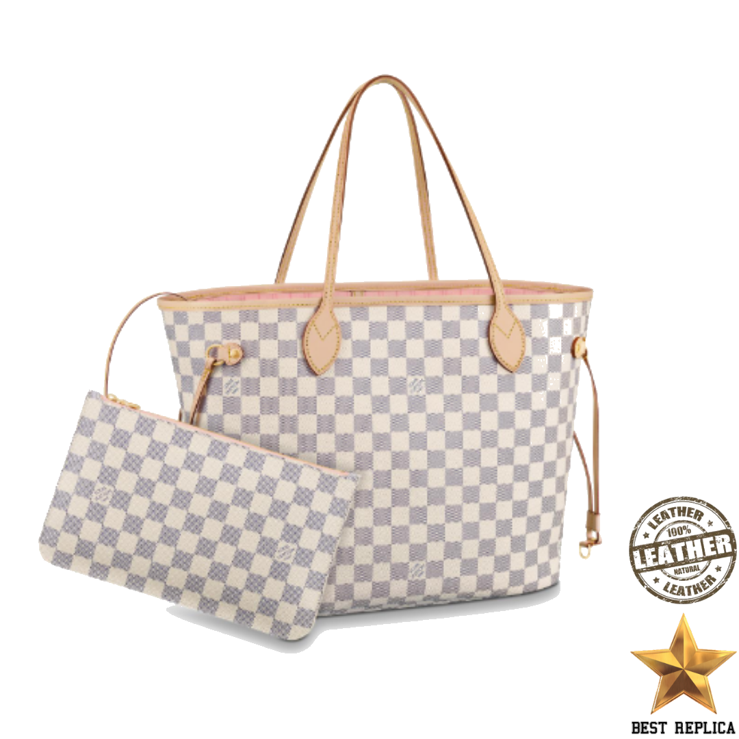 replica louis vuitton damier azur neverfull mm rose ballerine luxury designer tote bag buvola