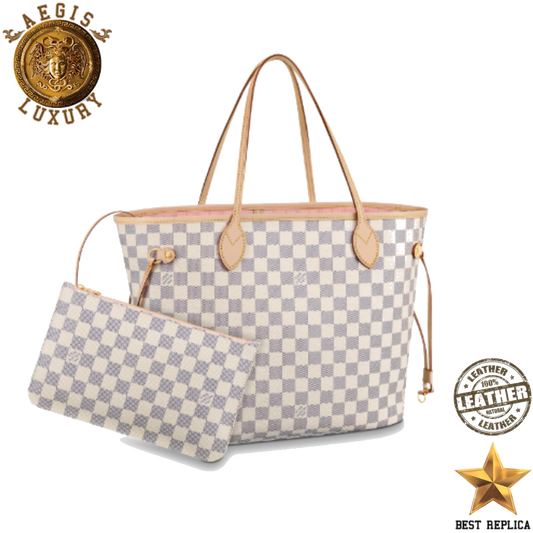 replica louis vuitton damier azur neverfull mm rose ballerine luxury designer tote bag buvola
