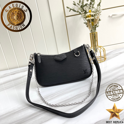 replica louis vuitton easy pouch on strap black leather chain strap luxury handbag buvola