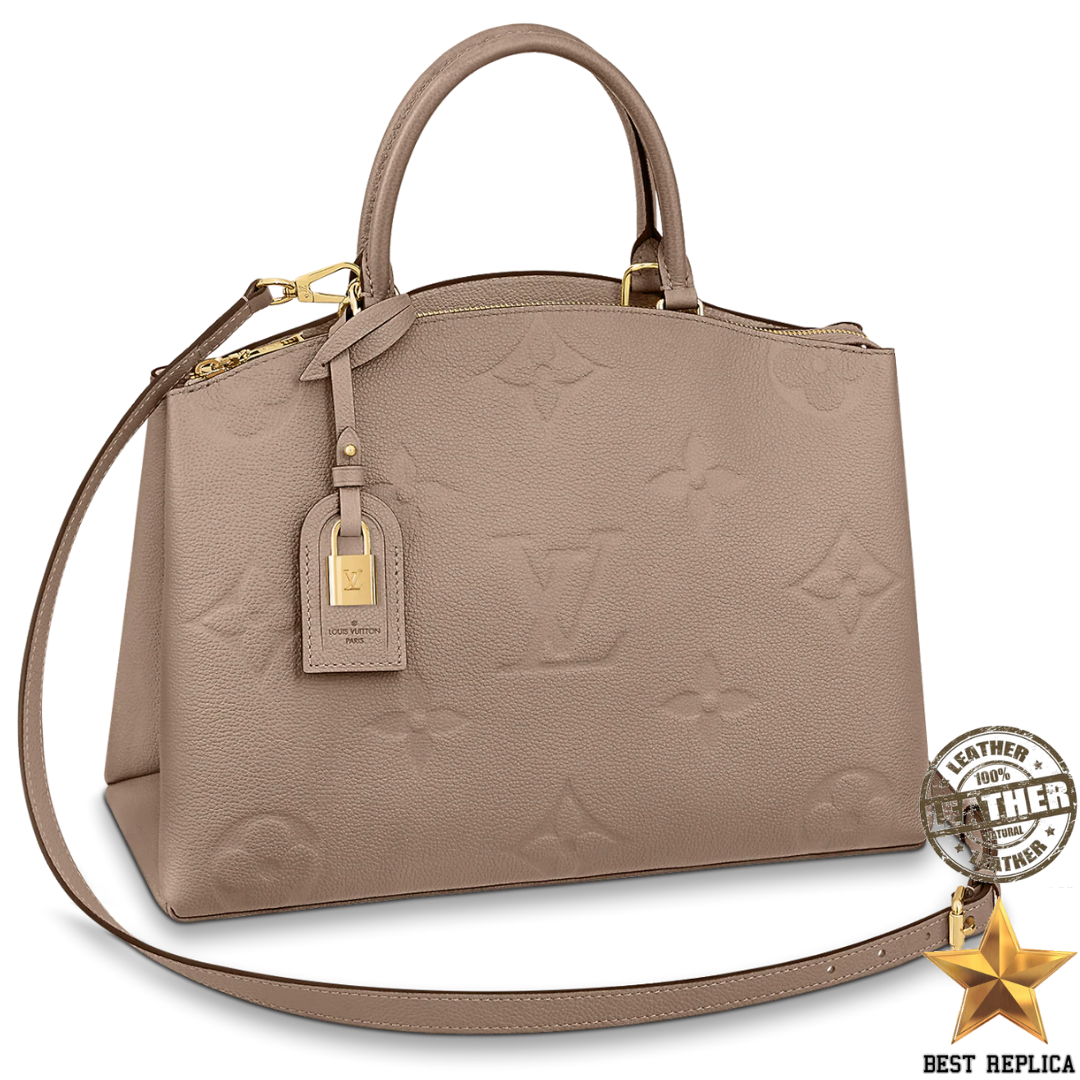 replica louis vuitton grand palais tourterelle gray monogram empreinte luxury designer handbag buvola