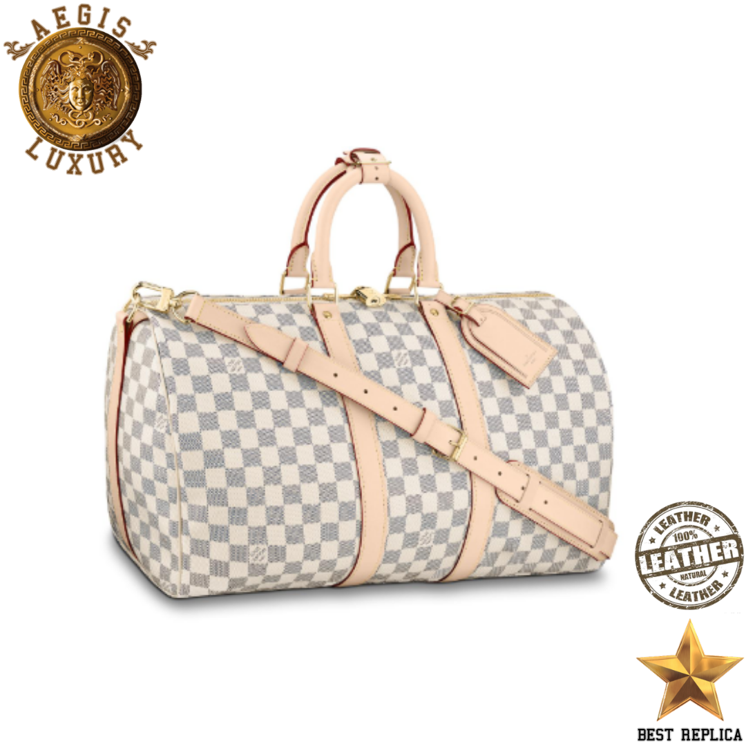 replica louis vuitton keepall bandouliere 45 damier azur canvas luxury designer travel duffle bag buvola