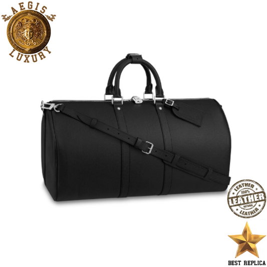 replica louis vuitton keepall bandouliere 50 black taiga leather luxury designer travel duffle bag buvola