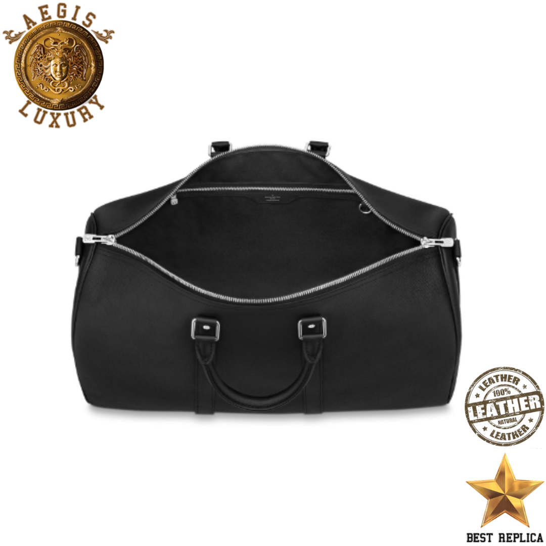 replica louis vuitton keepall 50 black taiga leather stylish high end weekender bag buvola