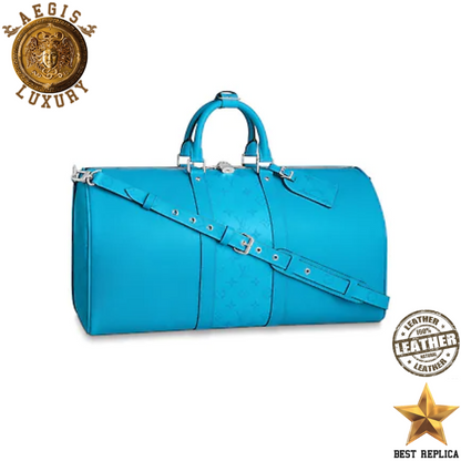 replica louis vuitton keepall bandouliere 50 lagoon blue monogram luxury designer travel duffle bag buvola