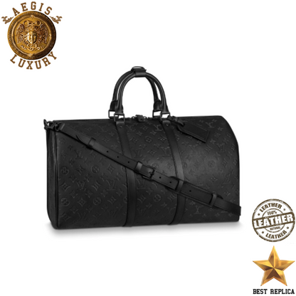 replica louis vuitton keepall bandouliere 50 monogram shadow embossed black leather luxury designer travel bag buvola
