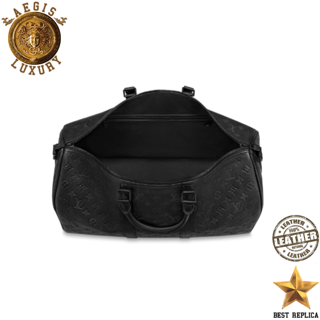 replica keepall bandouliere 50 louis vuitton monogram shadow embossed black leather high end travel bag buvola
