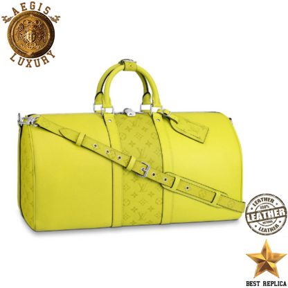 replica louis vuitton keepall bandouliere 50 taiga leather monogram coated canvas jaune lime green luxury designer travel bag buvola