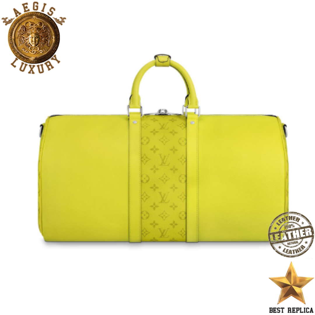 replica louis vuitton keepall 50 monogram lime green taiga leather high end luxury weekender bag buvola