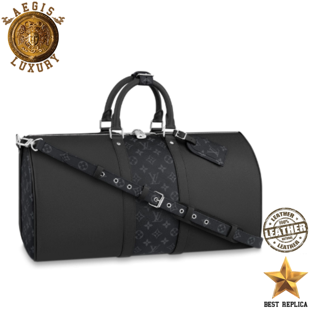 replica louis vuitton keepall bandouliere 50 taiga leather monogram eclipse coated canvas luxury designer travel bag buvola