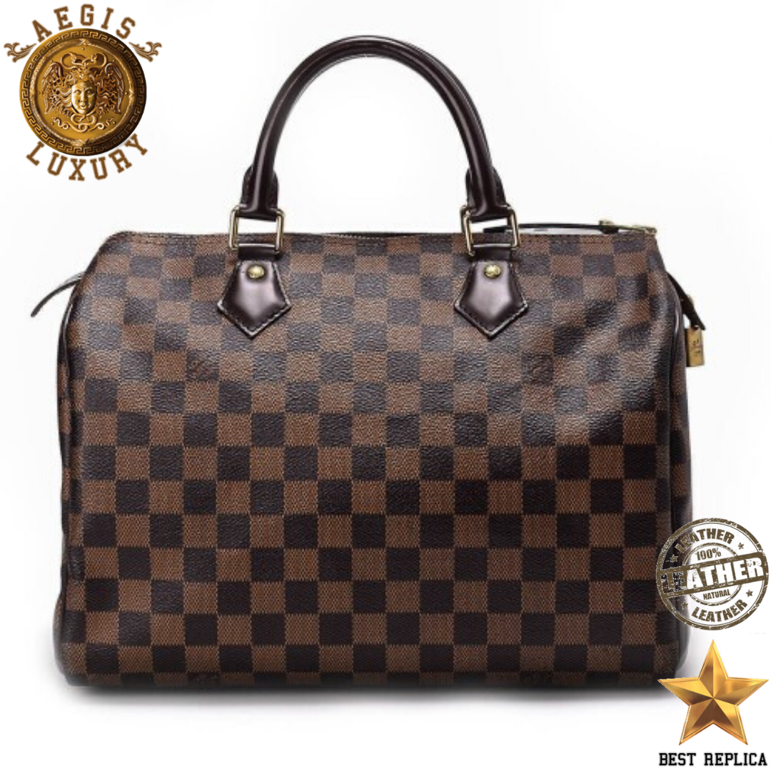 replica Louis Vuitton logo and brass hardware detail on Speedy 30 Damier Ebene