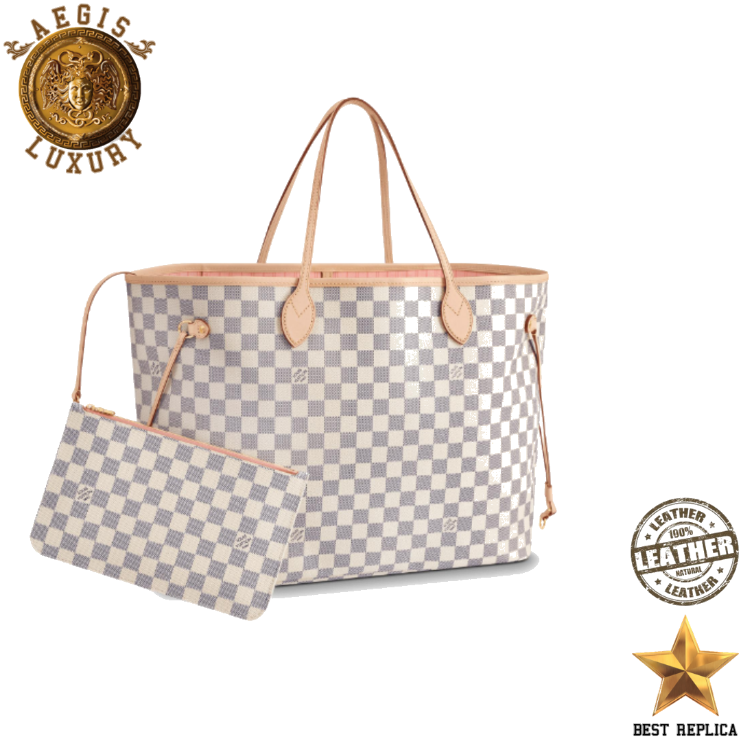 replica louis vuitton neverfull gm damier azur rose ballerine pink luxury designer tote bag buvola