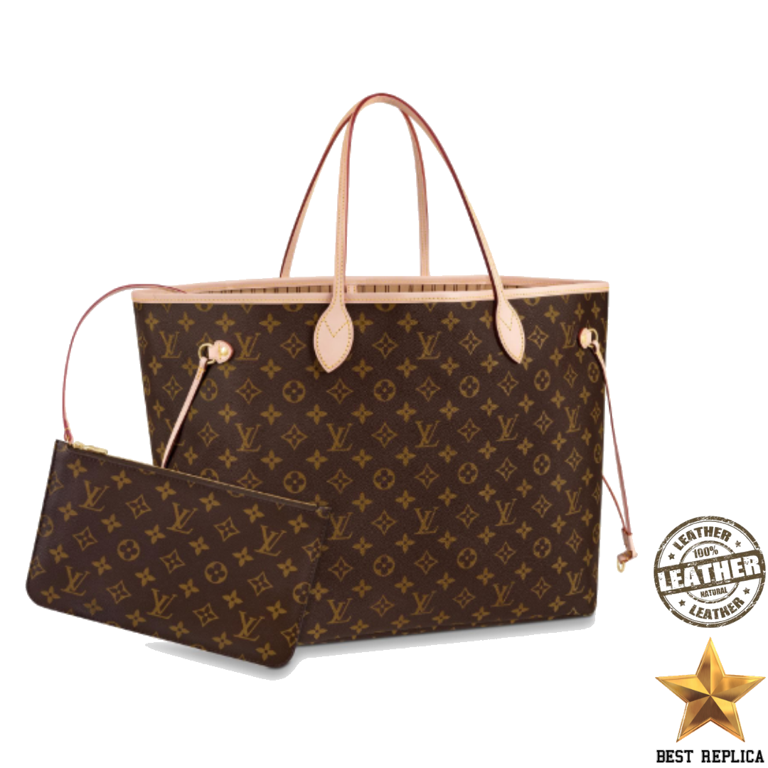 replica louis vuitton neverfull gm monogram beige luxury designer tote bag buvola