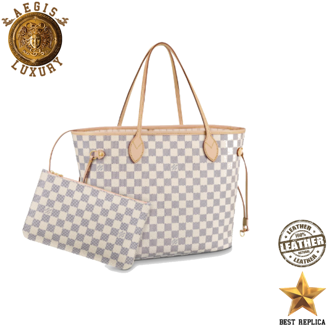 replica louis vuitton damier azur neverfull mm beige luxury designer tote bag buvola
