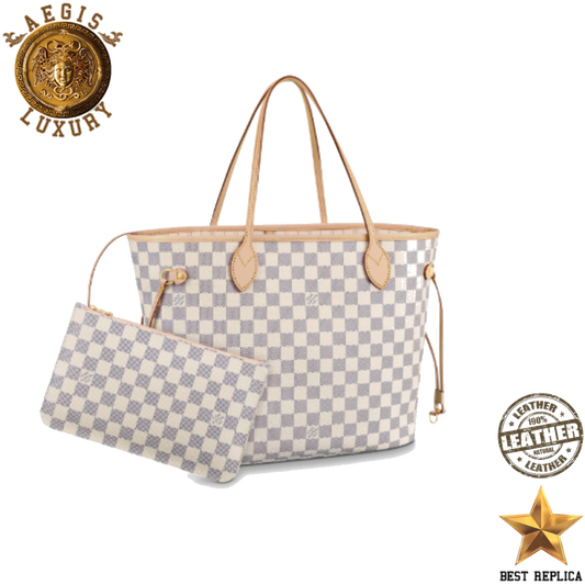 replica louis vuitton damier azur neverfull mm beige luxury designer tote bag buvola