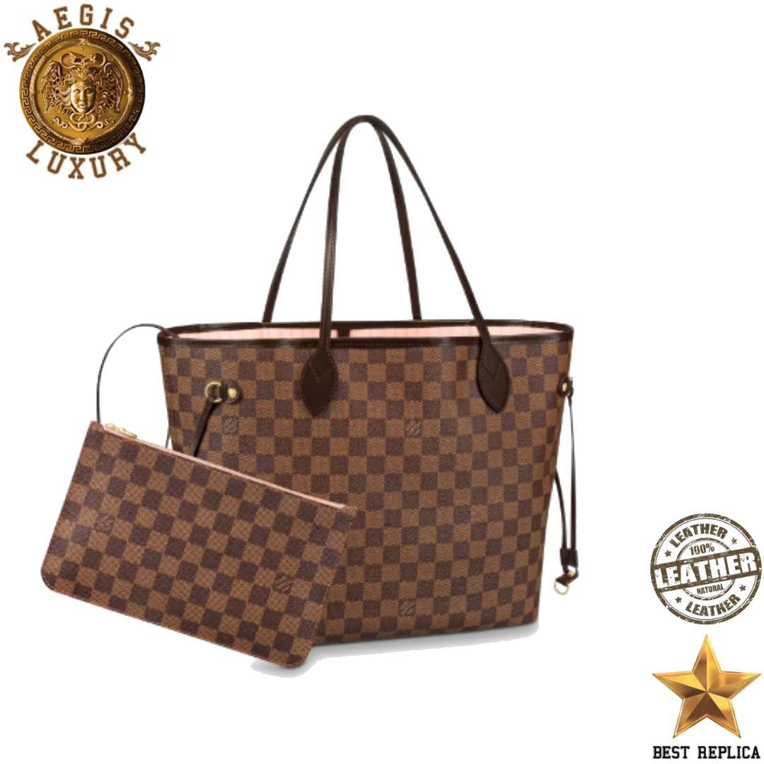 replica louis vuitton neverfull mm damier ebene rose ballerine luxury designer tote bag buvola