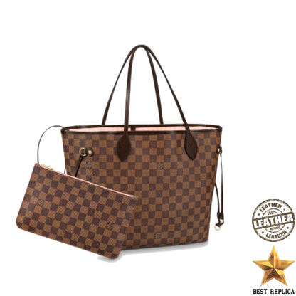replica louis vuitton neverfull mm damier ebene rose ballerine luxury designer tote bag buvola