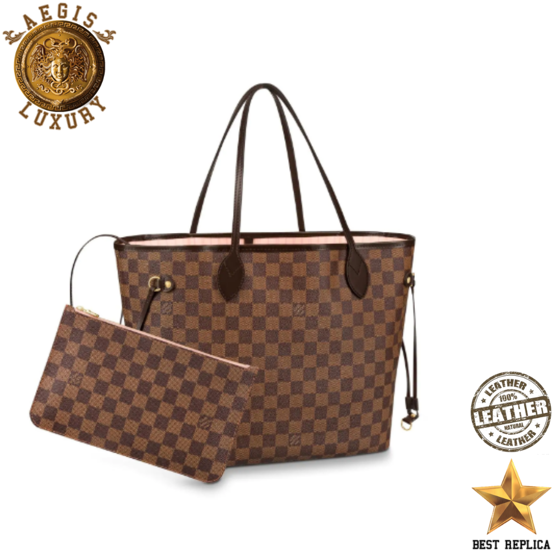 replica louis vuitton neverfull mm rose ballerine damier ebene canvas iconic luxury bag elegant style buvola