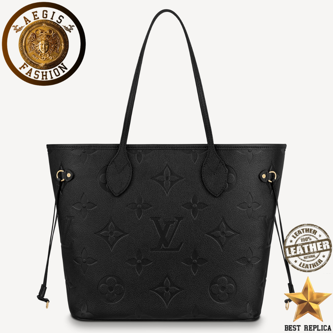 replica louis vuitton neverfull mm black empreinte leather premium designer tote bag buvola